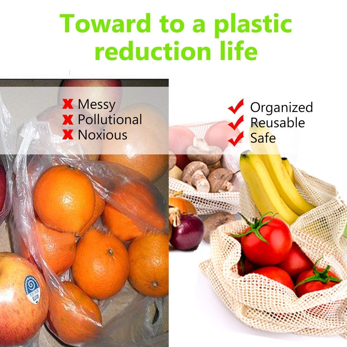 Ubitree Gemüsebeutel ,Mesh Cotton Produce Tasche, die organisch, natürlich, einfach zu reinigen, Zero-Waste,Wiederverwendbar Einkaufstaschen aus Baumwolle/Gemüsenetze Set von 11 (3 kleine, 4 mittlere, 3 große,1 Aufbewahrungstasche).