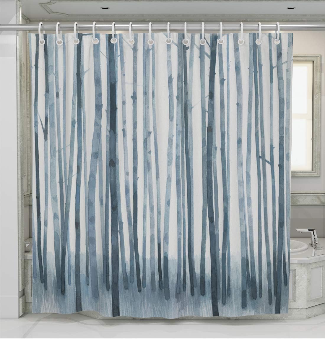Norman Wyatt Home Indigo Shadow Grove Print Polyester Fabric 72"x72" Bathroom Shower Curtain with Hooks