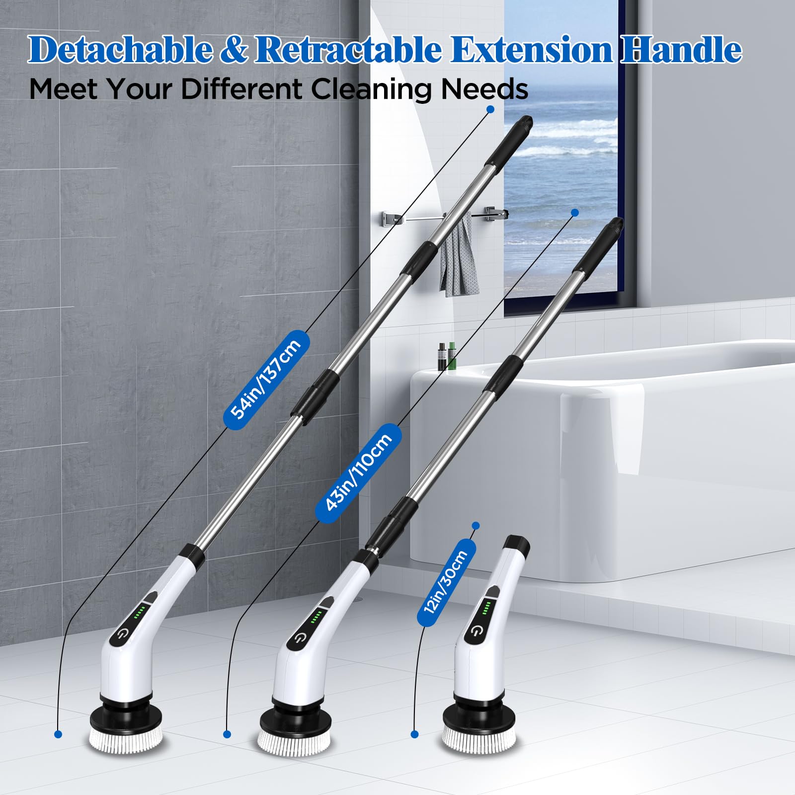 Electric Spin Scrubber, Cordless Bath Tub Power Scrubber with 8 Replaceable Drill Brush Heads, Shower Cleaning Brush with Adjustable Handle for Bathroom, Tile Floor & Car, White, (ANS-8050)