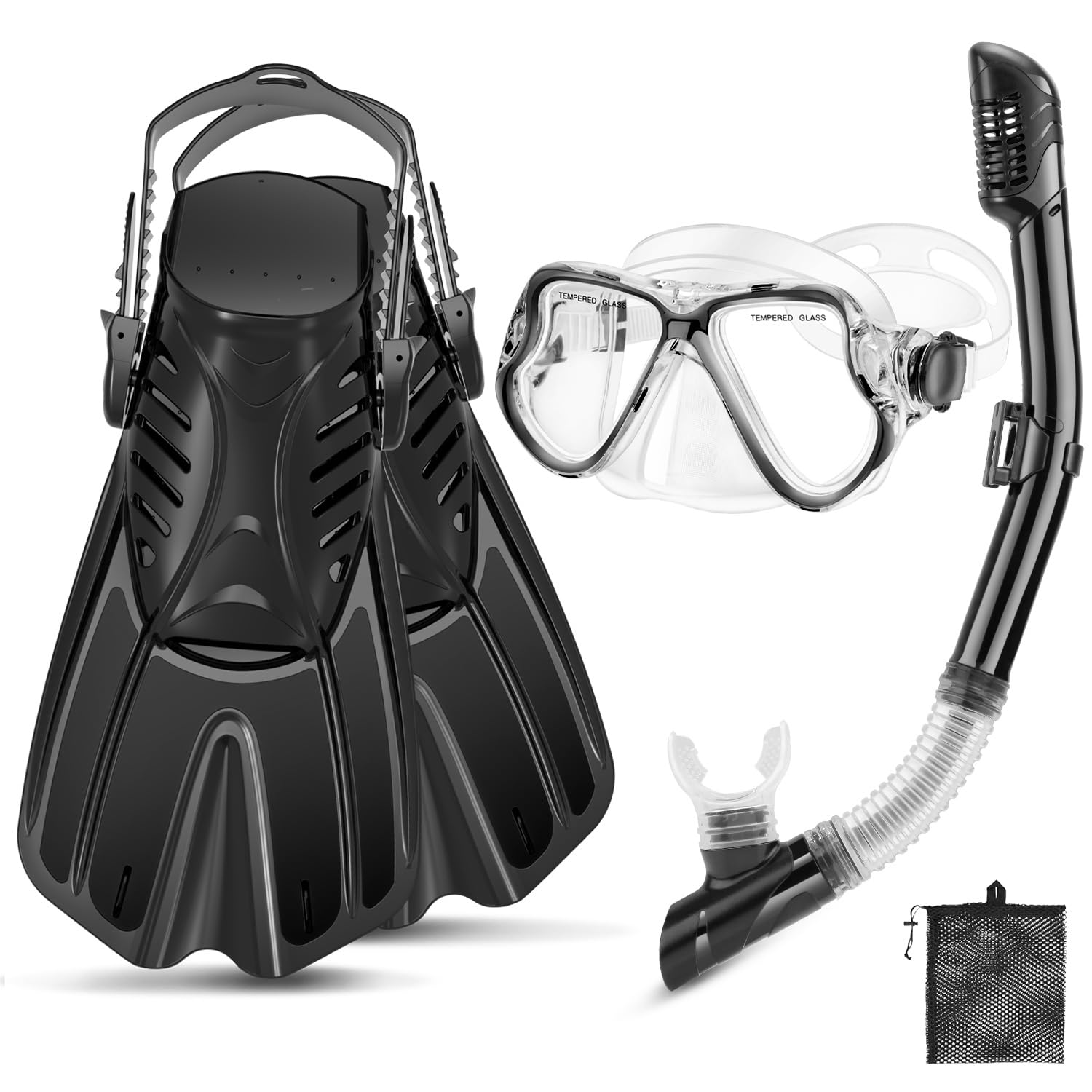Photo 1 of PIYAZI Snorkeling Gear for Adults, 4 in 1 Adult Snorkel Set with Panoramic View Snorkel Mask, Dry Top Snorkel, Adjustable Short Fins and Travel Bag, Snorkel Set with Fins for Snorkeling Diving