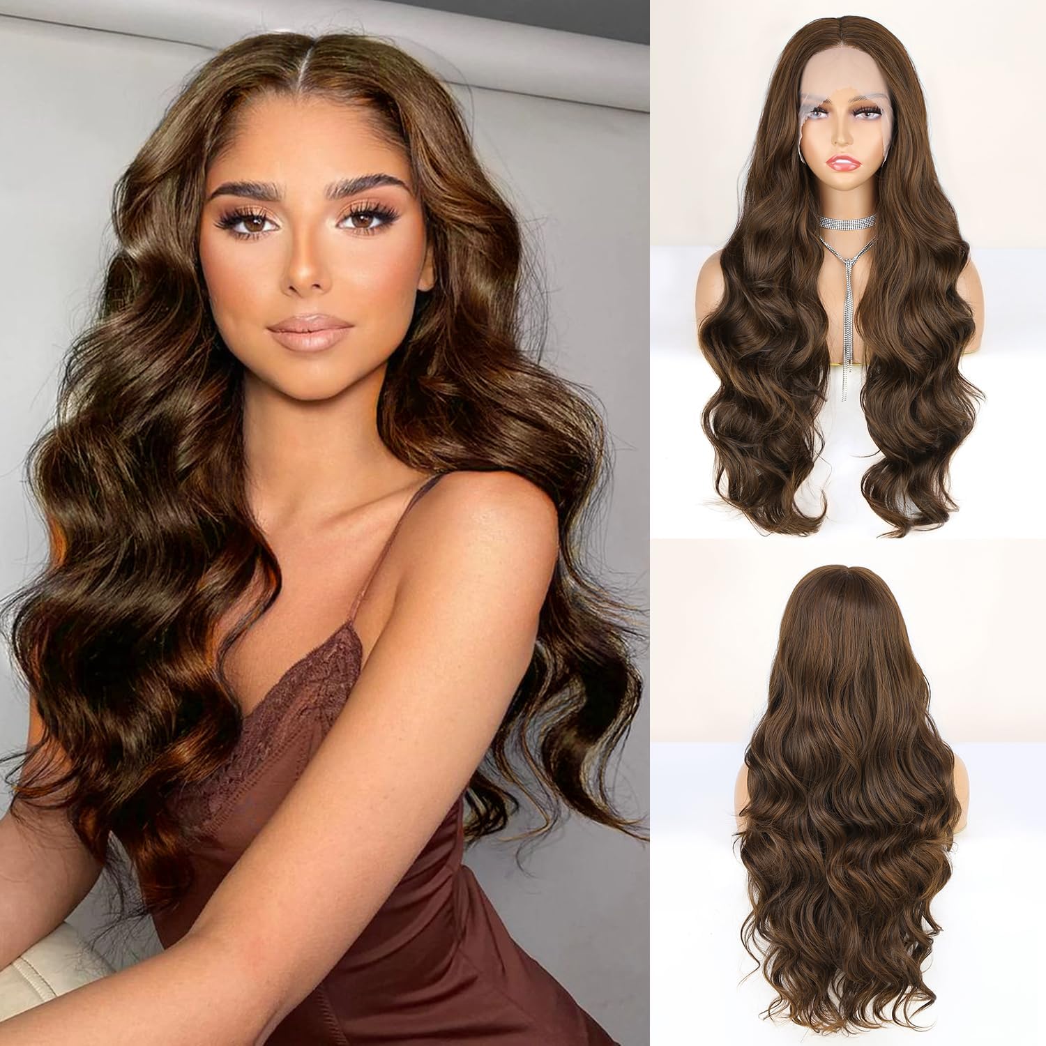 Photo 1 of WIGNEE Lace Front Wig Body Wave Brown Wig Long Curly Wigs Dark Brown Synthetic Lace Front Wigs for Black Women Brown Wigs For Women with Wig Cap
