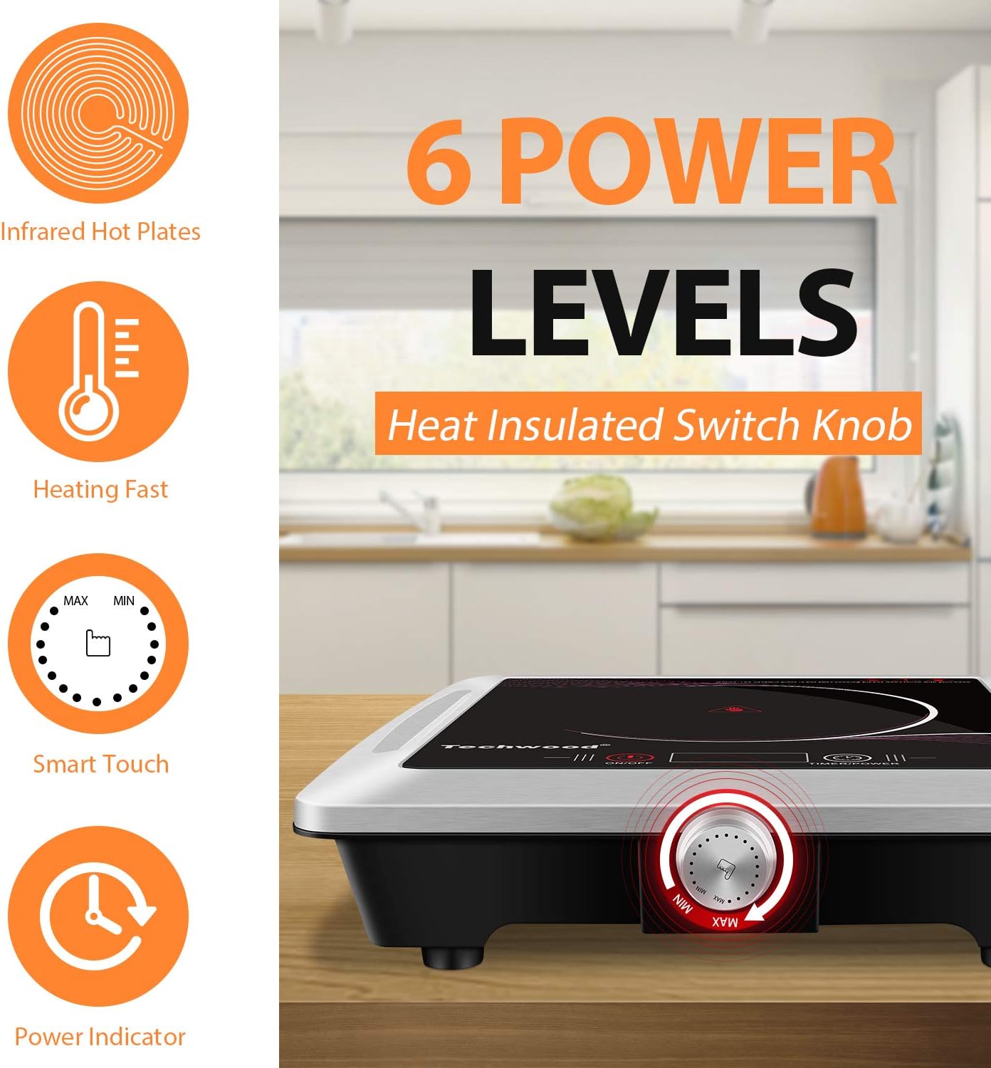 Techwood Hot Plate Electric Stove Single Burner Countertop Infrared Ceramic Cooktop, 1500W Timer and Touch Control, Portable Compatible All Cookware, Ceramic Glass & Stainless Steel Easy to Clean: Kitchen & Dining