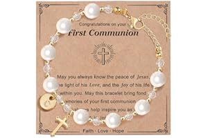 ENASAL Initial A-Z Letter First Communion Gifts for Girls,Rosary Pearl Cross Bracelet for Christian Catholic Goddaughter