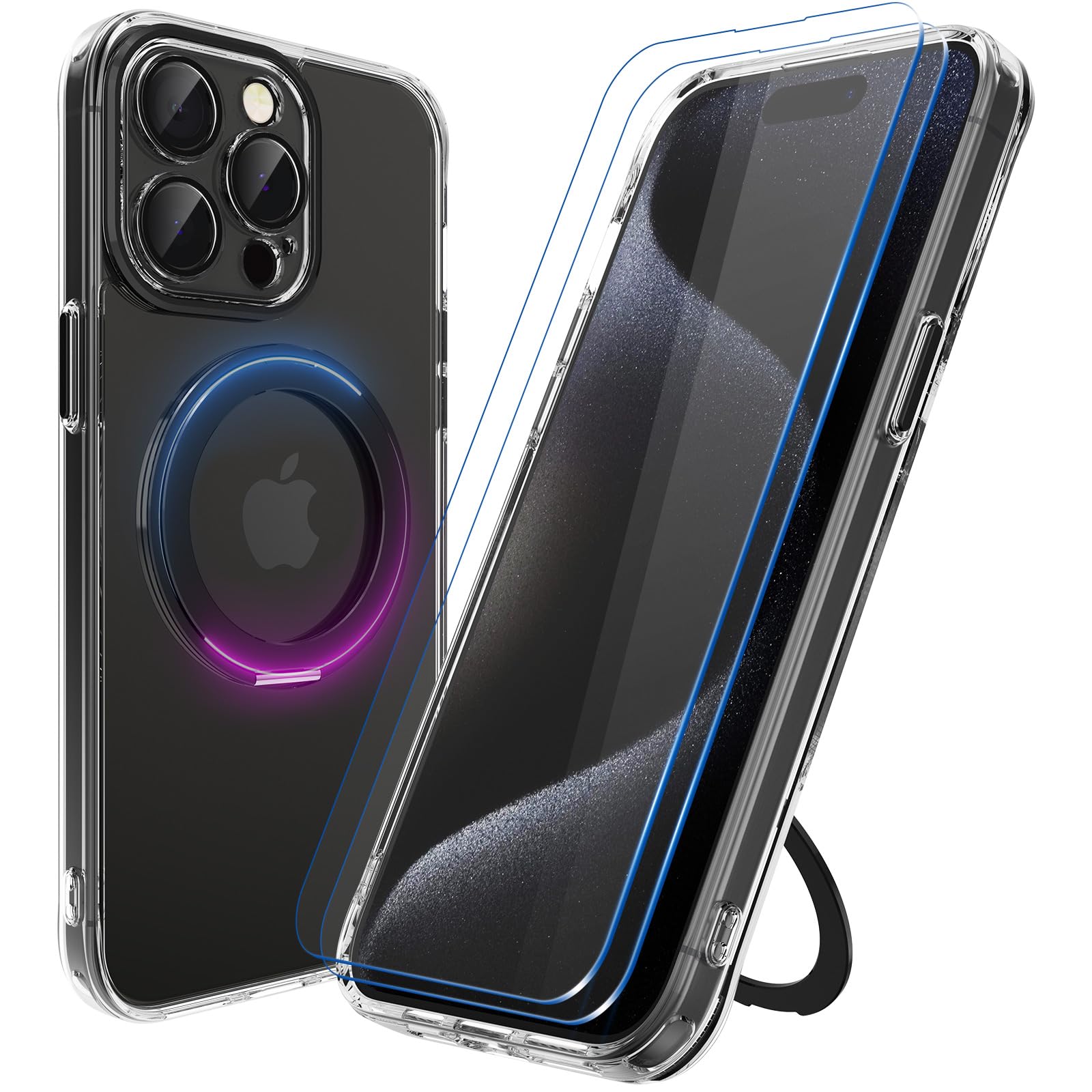 STARRYNOVA Magnetic Kickstand Case Compatible with iPhone 15 Pro Max, Crystal Clear Cover Built-in Rotatable Invisible Stand, With Screen Protector and Camera Protector - Black