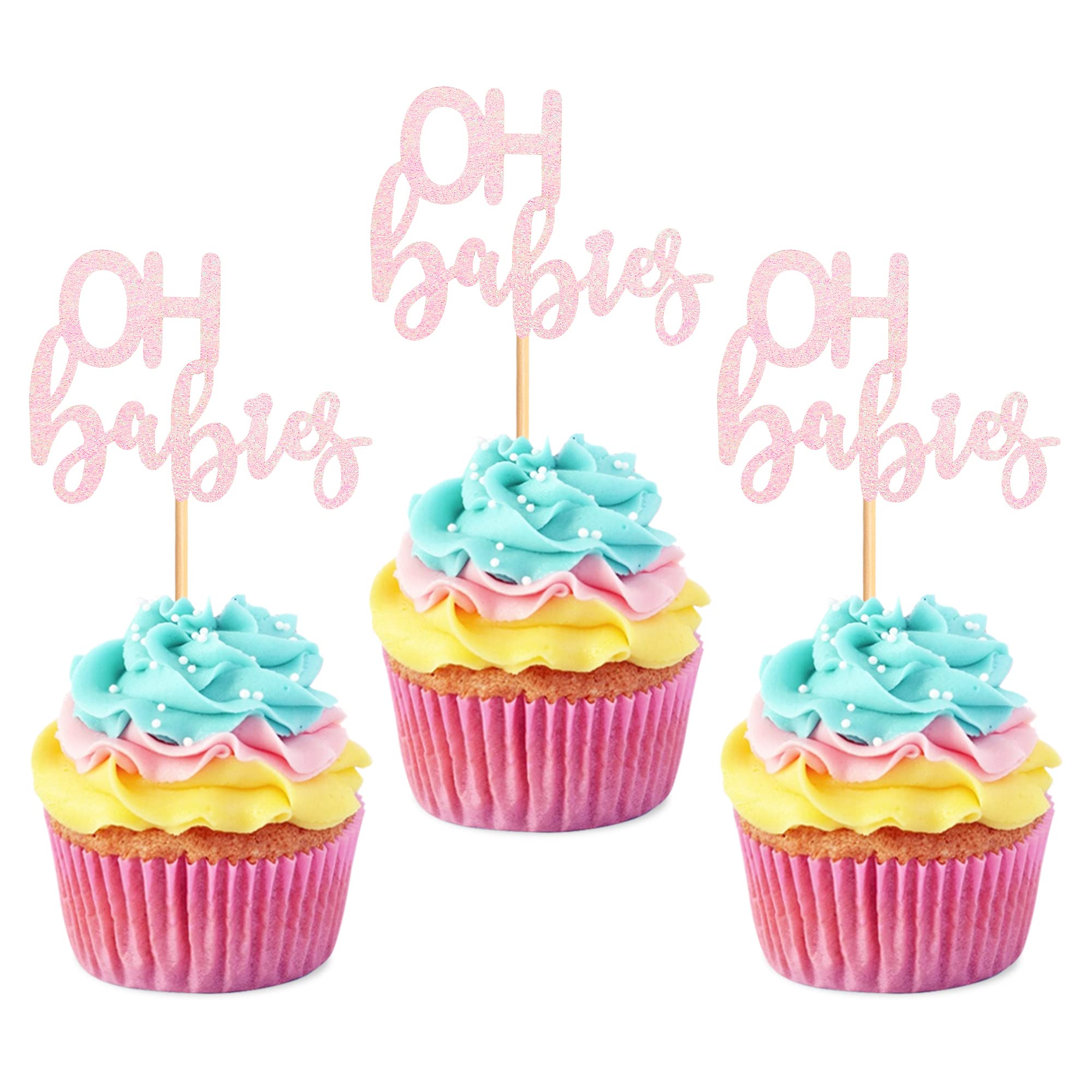 Blumomon 24Pcs Oh Babies Cupcake Toppers Pink Glitter Baby Shower Cupcake Picks Decorations for Celebrating Kids Birthday Baby Shower Party Cake Decorations