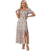 Allegra K Women's Floral Dress Puff Sleeve Square Neck Split Boho Maxi Dresses