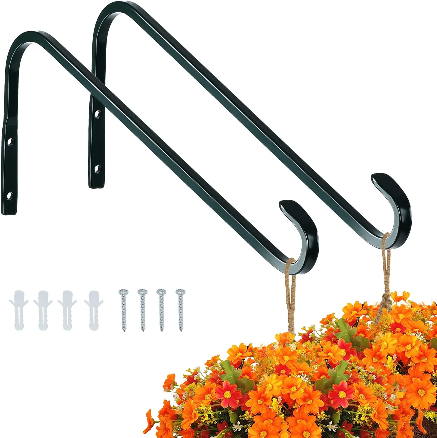 Outdoor Hanging Brackets - Sanduby Plant Hangers Outdoor for Hanging Plant Bracket, Straight Plant Hanger 16 inch, Heavy Duty Metal Plant Hooks for Hanging Planters, Bird Feeders, Lanterns, Wind Chimes, 2 Pack, Blackish Green