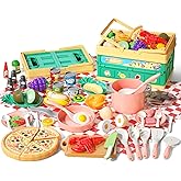 80pcs Pretend Play Kitchen Set for Toddlers, Kids Cookware Playset with Pots/Pans/Food/Fruits/Vegetables/Picnic Blanket/Storage Basket, Pink Educational Learning Toy Gift for Boys & Girls