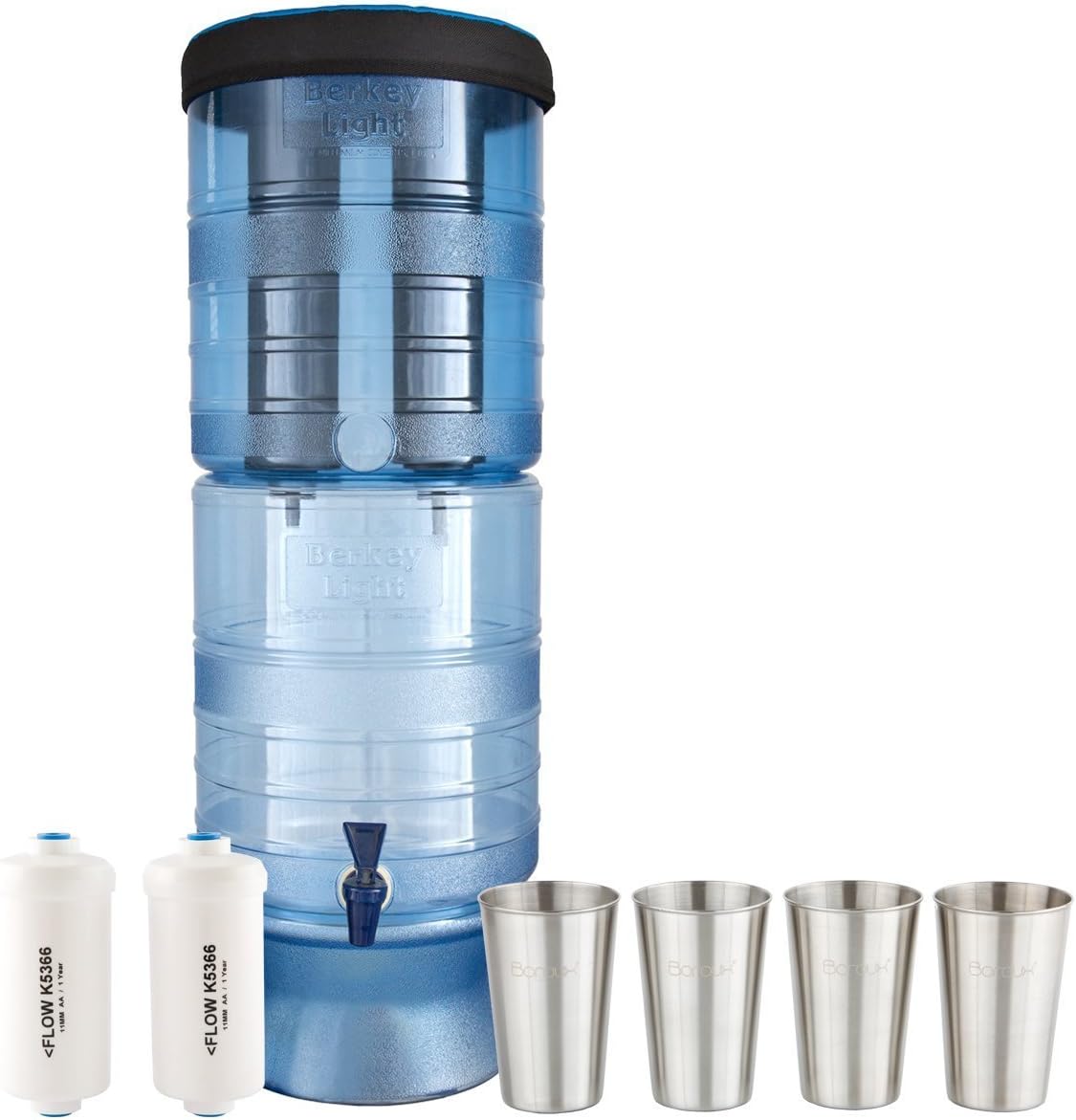 Bundle Includes: Berkey Light Water Filter System w/2 Black Purifier Filters (2.5 Gallons) Bundled w/ 1-Set of Fluoride Filters (PF2) and 1-Set of 4 BX Stainless Steel Cups