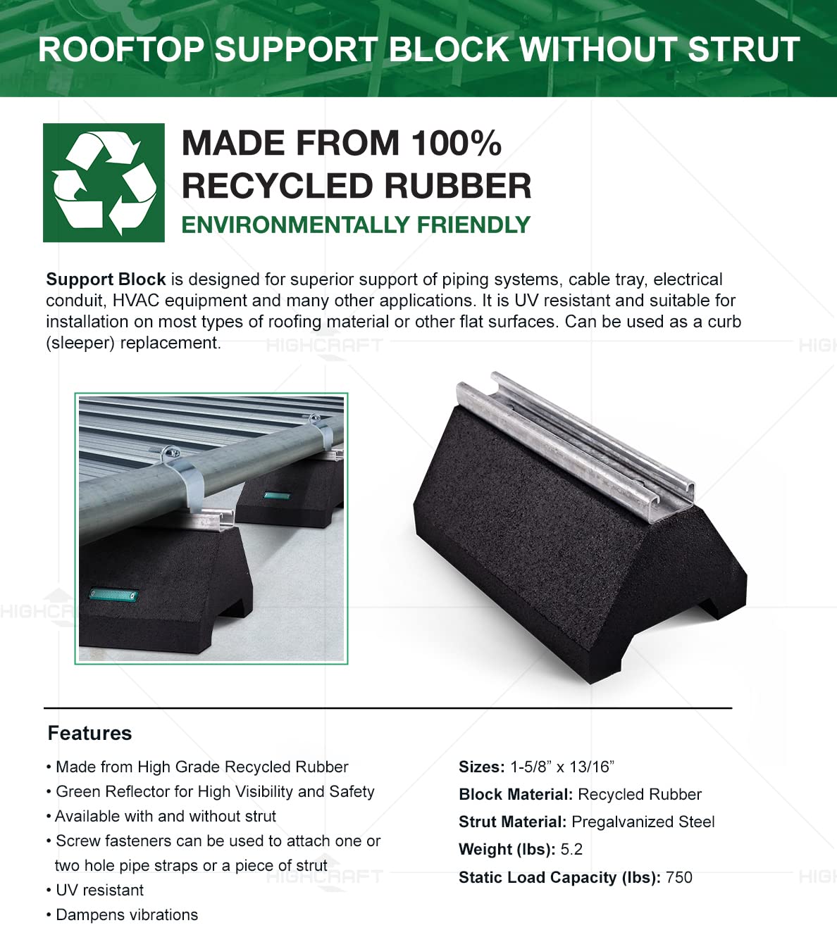 Highcraft STC10T Rooftop Pipe Support Block With Galvanized Steel