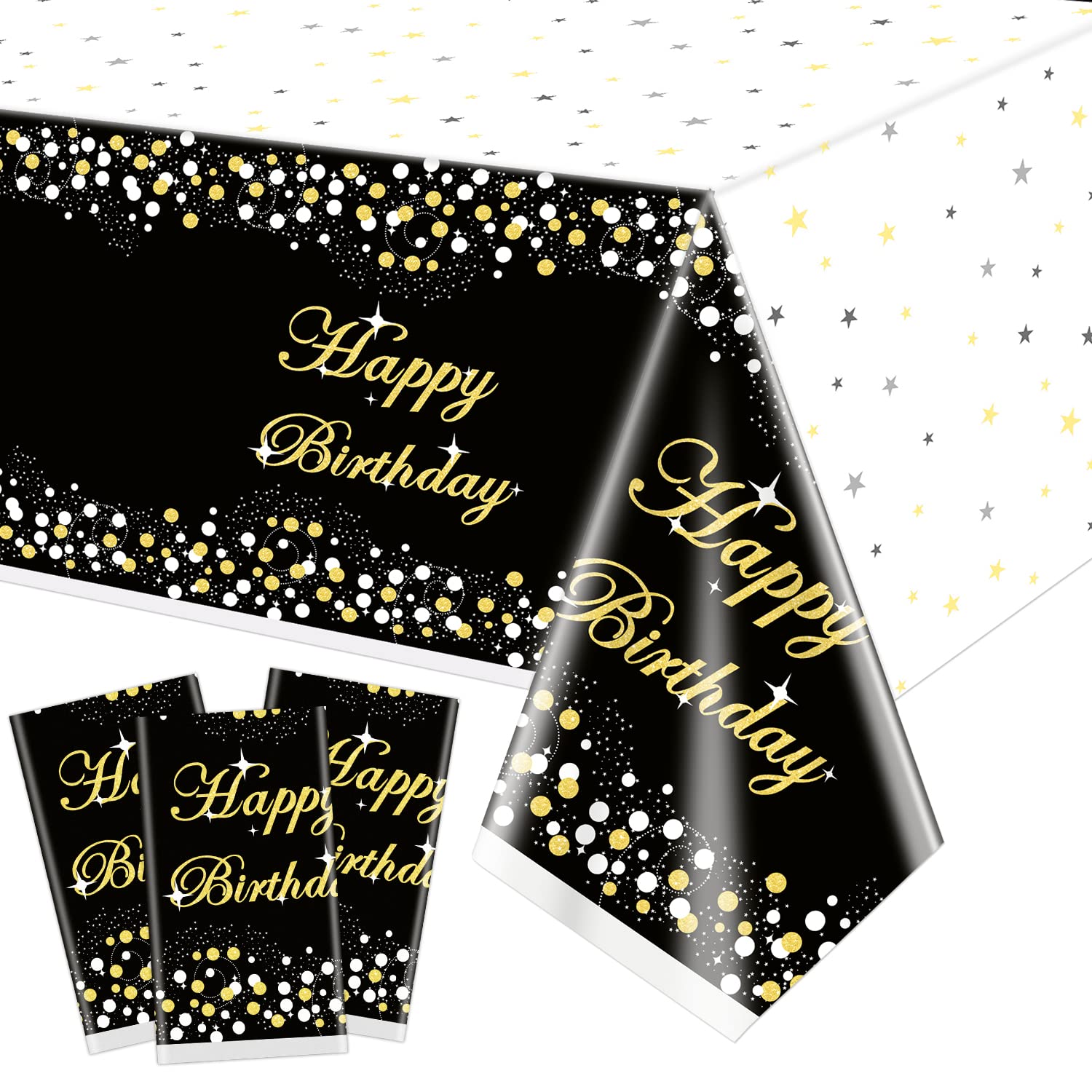 3 Pack Black and Gold Tablecloth Party Decorations - Plastic Disposable Birthday Tablecloth, Black and Gold Dot Star Confetti Rectangle Table Cover, Table Cloths 51"x86" for Birthday Party Supplies