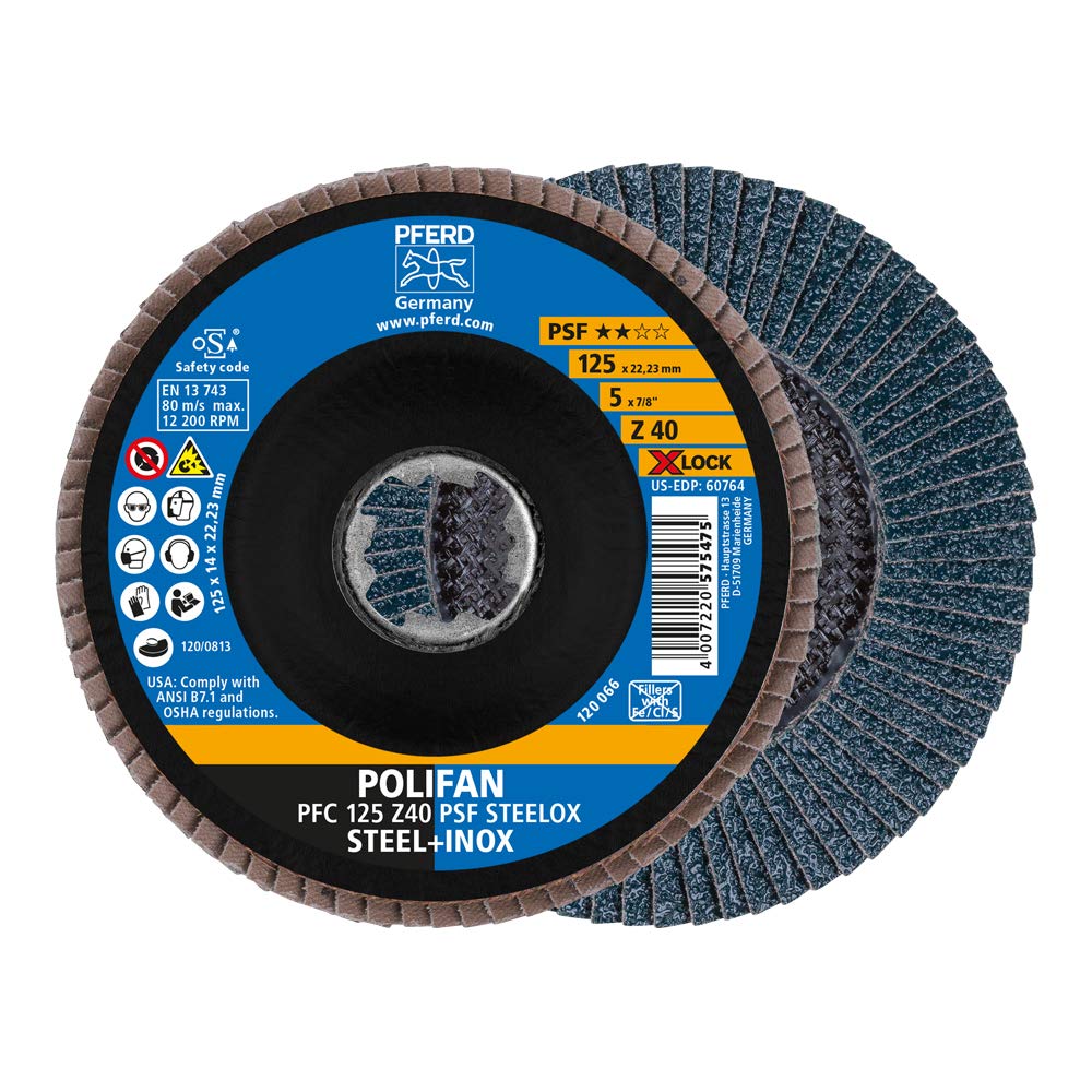 PFERD Polifan Serrated Washer, 125 mm, Z40, X-Lock (22.23 mm), PSF Steelox, 67664126 - for High Economy Thanks to Aggressive Machining and Good Service Life