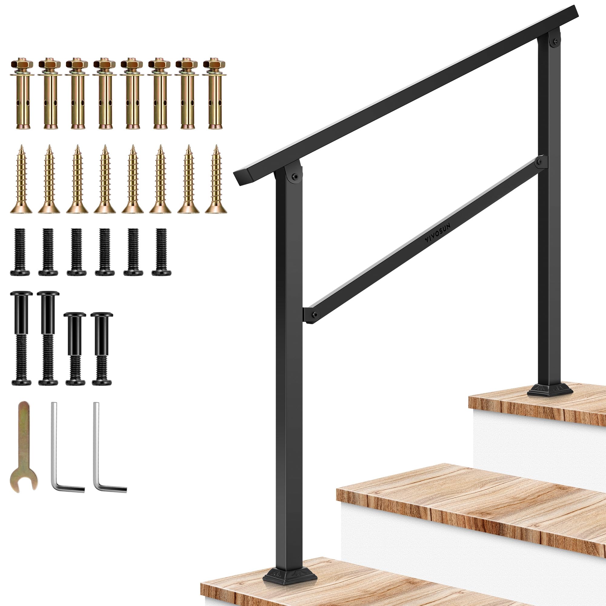 Photo 1 of VIVOSUN Outdoor Handrail, 3 Step Stair Handrail, 40" x 36" Fits 1 to 3 Steps, Wrought Mattle Iron Handrail for Concrete Steps, Porch Steps, One-Step Assembly, Black