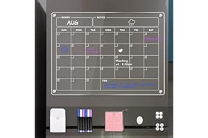 JIALAI HOME Acrylic Magnetic Dry Erase Board Calendar for Fridge16"x12" Inches Clear Monthly Dry Erase Calendar for Refrigerator includes 6 Markers