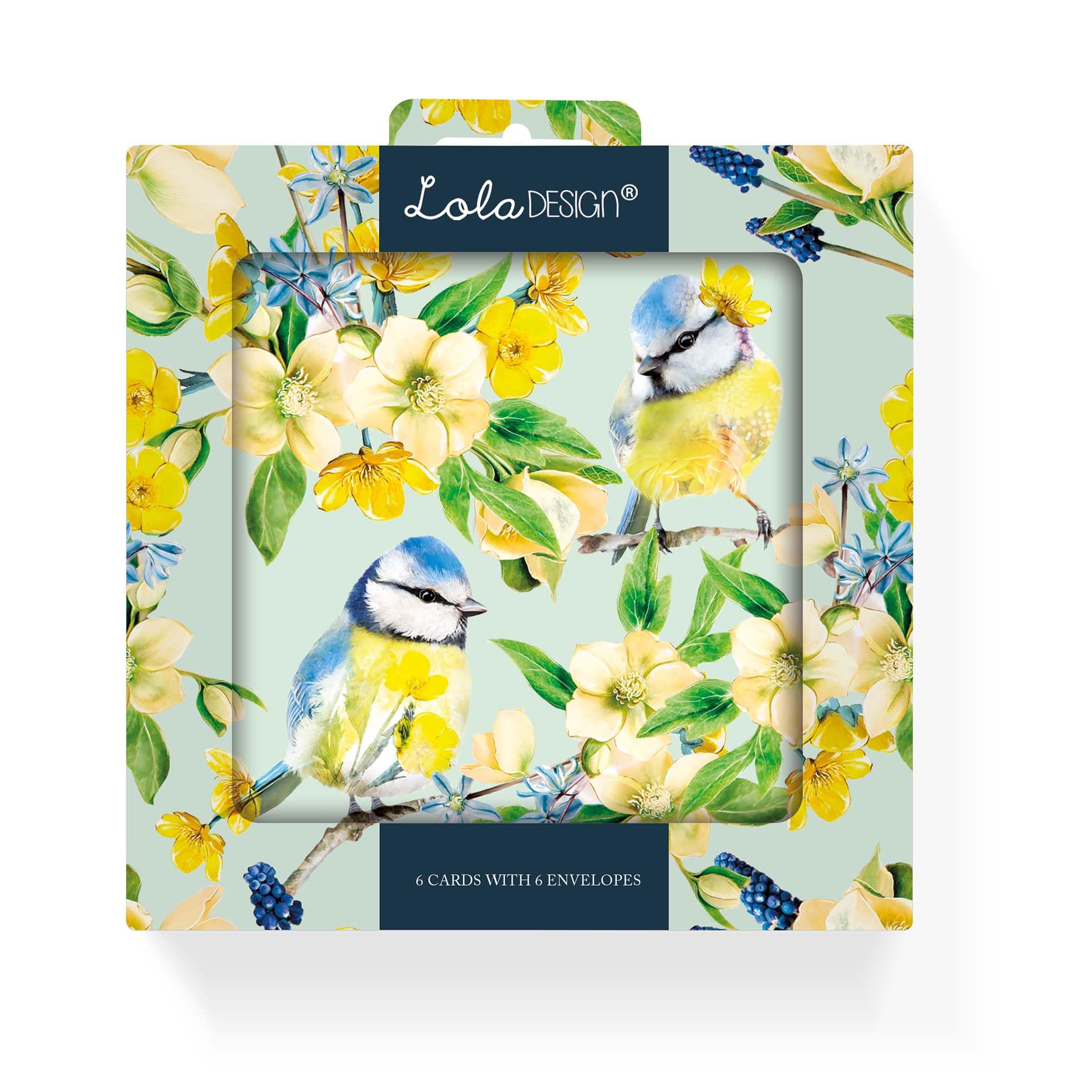 Notecard pack of 6x cards by Lola Design - Blue Tit Design 125x125mm and Blank Inside for your own message, with Grey Envelopes included - Made in the UK