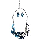 iNewcow Tibetan Silver Blue Peacock Crystal Earrings Necklace Set For Wedding Party