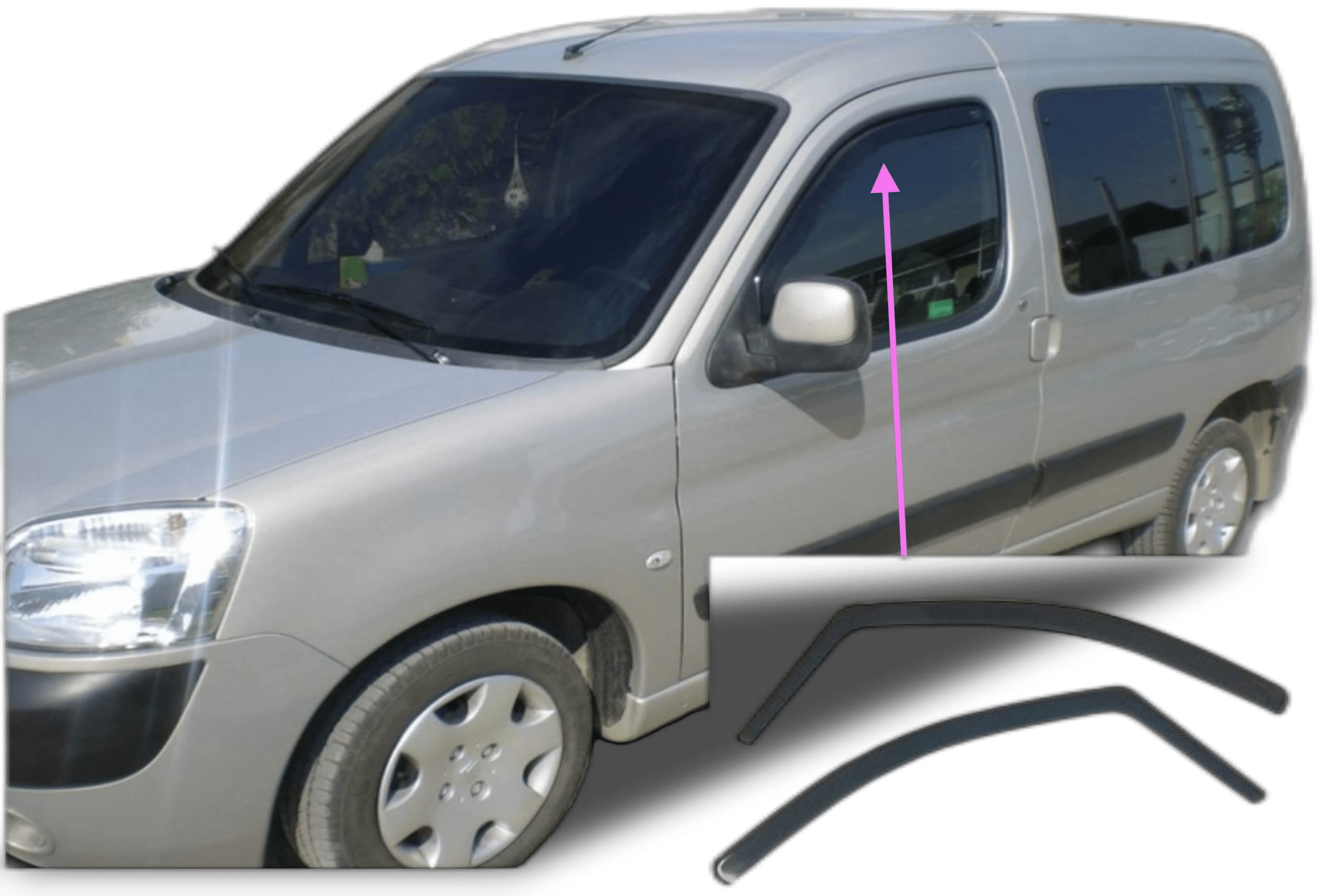 2x Wind Deflectors Compatible with CITROEN Berlingo PEUGEOT Partner Ranch 1996-2008 (Mk1) Dark Smoke Tinted Acrylic Glass Door Side Windows In-Channel Visors Rain Snow Sun Guards