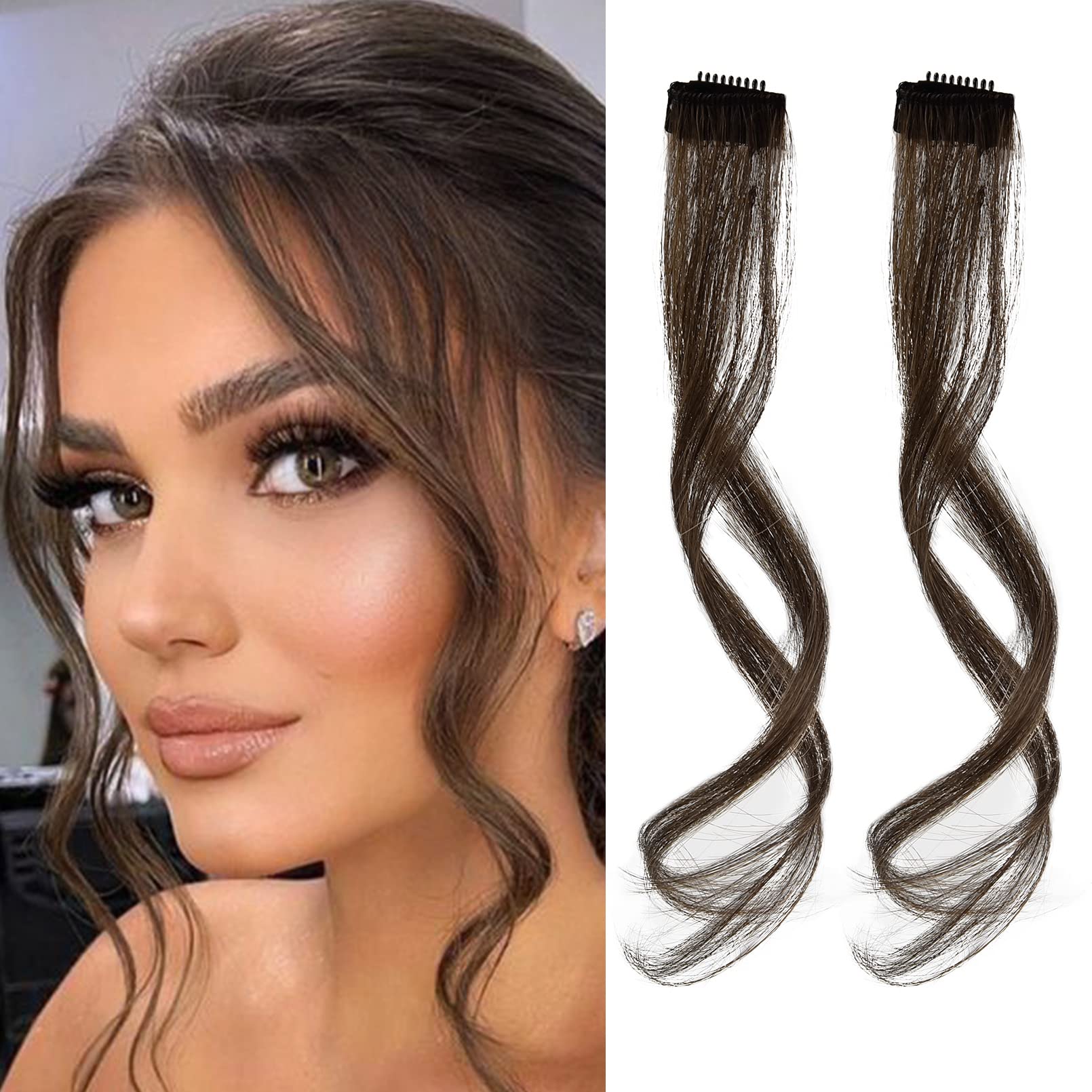 REECHO Long Side Air Bangs, Wavy Curly Clip in Curtain Bangs Front Side Bangs Face-Framing Highlights for Women Daily Use 2 PCS Set Long Temples - Cool Dark Brown — image 1