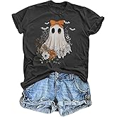 Halloween Shirts for Women Cute Ghost Graphic Tees Fall Crewneck Short Sleeve Costumes Autumn Party Graphic T-Shirt