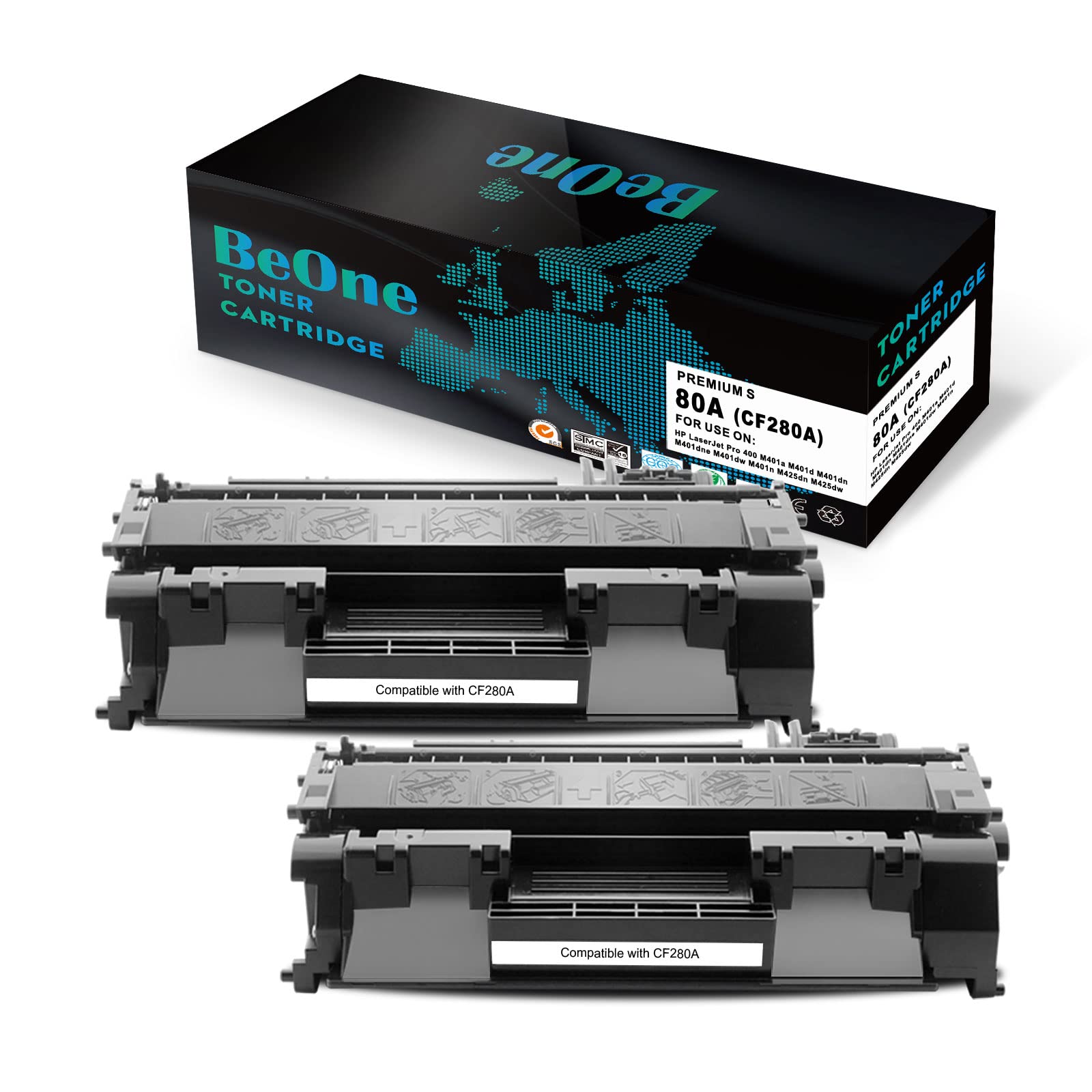 BeOne 2x Compatible with 80A CF280A 80X CF280X Toner Cartridge Compatible with HP Laserjet Pro 400 M401a M401d M401dn M401dne M401dw M401n M425dn M425dw Printer (2 Black)