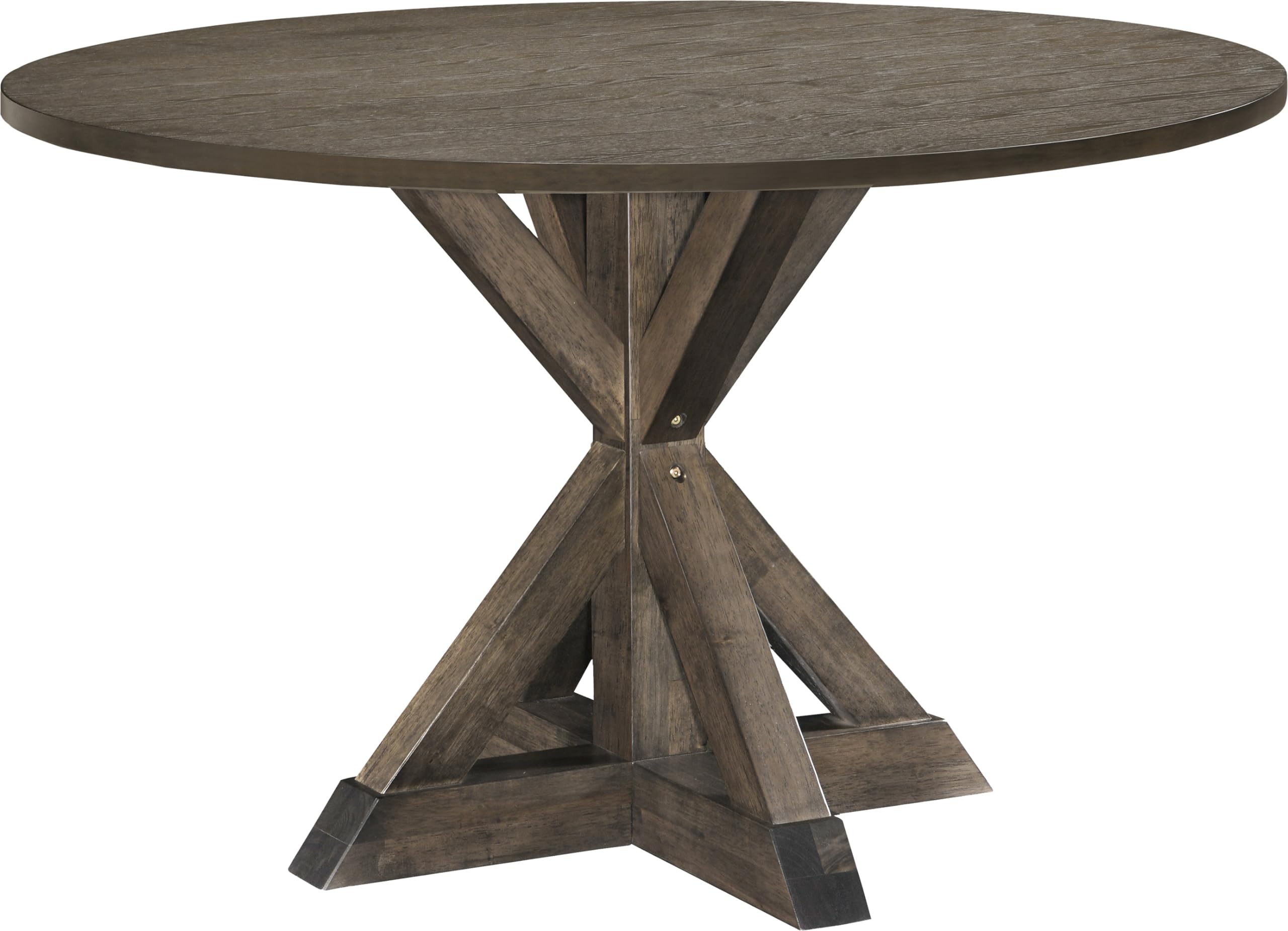 Photo 1 of Finch Alfred Round Solid Wood Rustic Dining Table for Farmhouse Kitchen Room Decor, Wooden Trestle Pedestal Base, 46.5" Wide Circular Tabletop, Distressed Brown