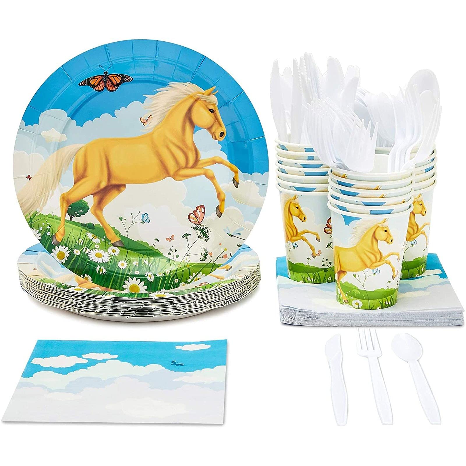 Juvale Horse Birthday Party Supplies, Paper Plates, Napkins, Cups, Cutlery (Serves 24, 144 Pieces)