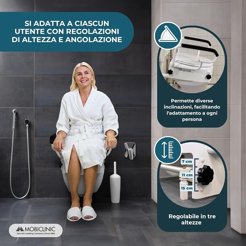 ®, Rialzo per wc Anziani, Tajo, Braccioli pieghevoli, Persone disabili, Coperchio, Regolabile in 3 altezze, Bidet, Inclinabile, Ausili, Bianco
