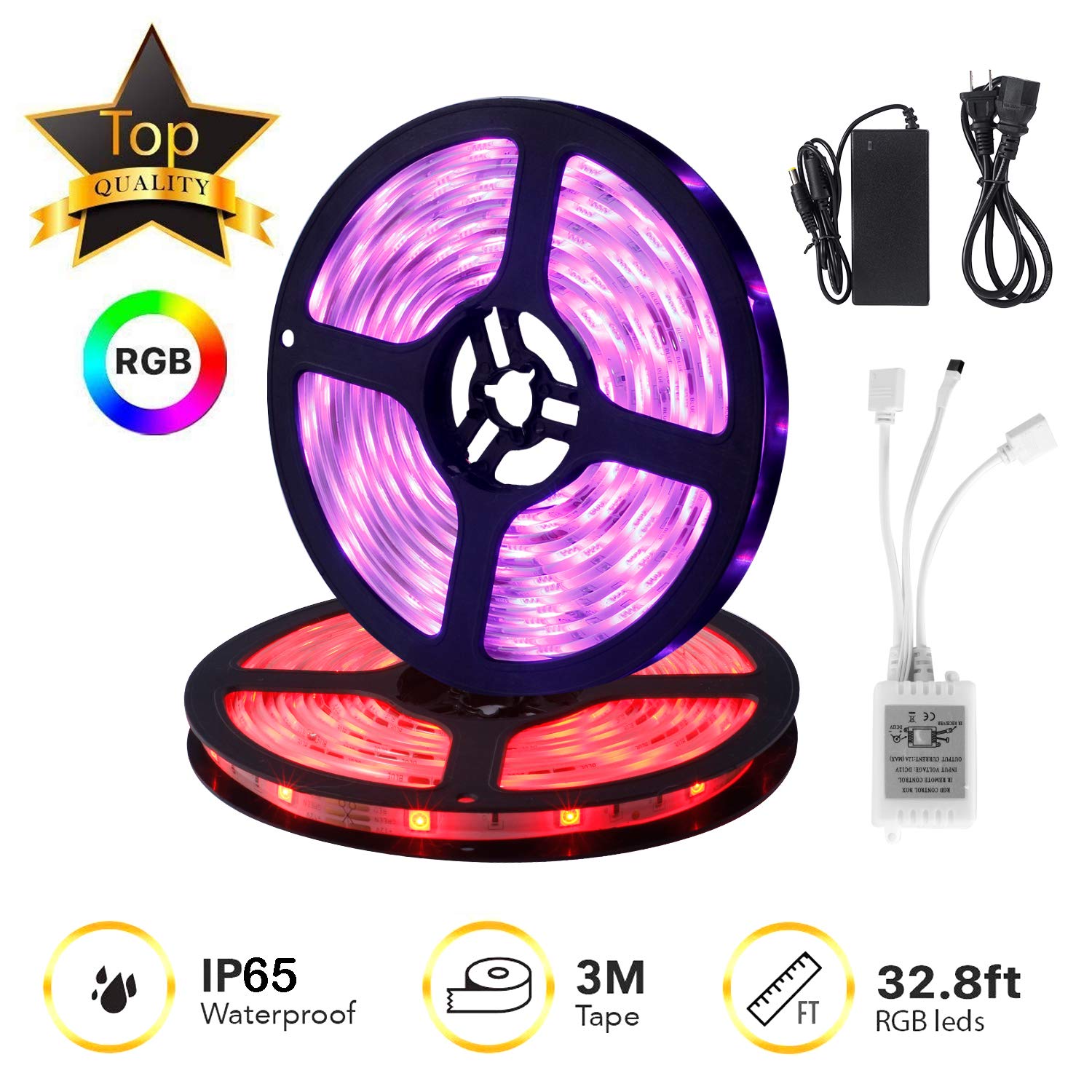 IKAAMA LED Strip Lights Kit 32.8ft/10M 300 LEDs SMD 5050 RGB, 44 Key Remote Controller, Flexible Changing Multi-Color for TV Home Kitchen Bed Room Decoration with Strong Adhesive 3M Tape