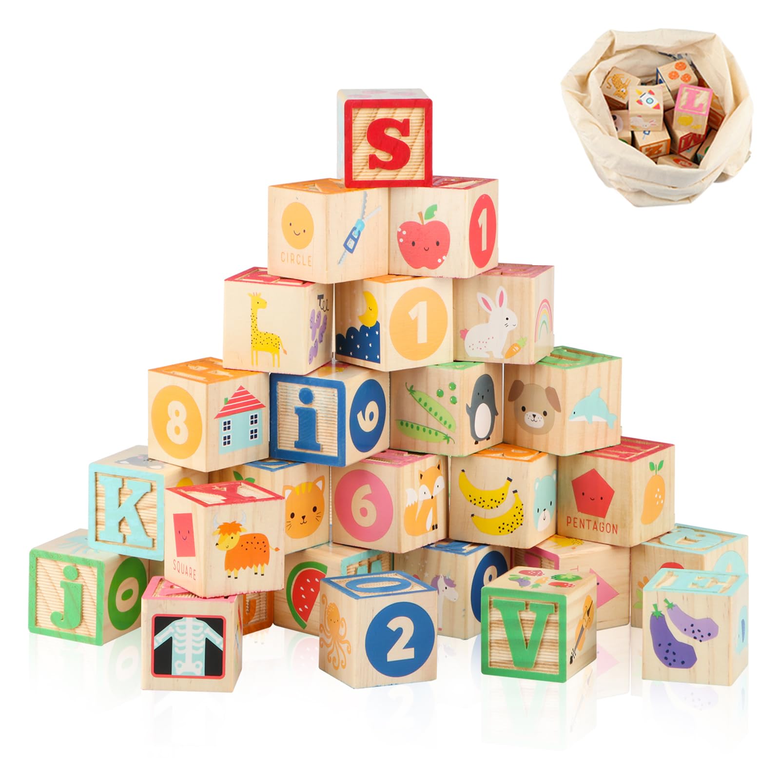 Wondertoys Wooden ABC Blocks Building Games Alphabet Letters Block Set Educational Toys for Kids 26 PCS
