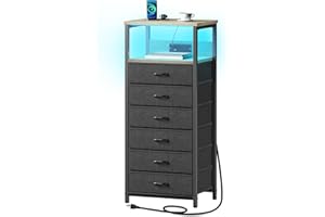 Seventable Night Stand with Charging Station, Tall Nightstand with 6 Fabric Storage Drawers, Side Table with LED Light for Bedroom, Entryway, Greige, Set of 2