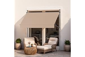 Grandekor Manual Retractable Awning,118" W x 118" H,No Drilling Outdoor Sun Shade Patio Awning,Adjustable Patio Door Window with UV 50+ Protection for Backyard,Garden,Balcony,Max Height 118",Khaki