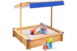 Tatub Kids Sandbox with Cover, Large Outdoor Sandbox with Canopy Height Adjustable, Sand Pit for Backyard Play, Wooden Sand Box for Kids Ages 4-8, for Children