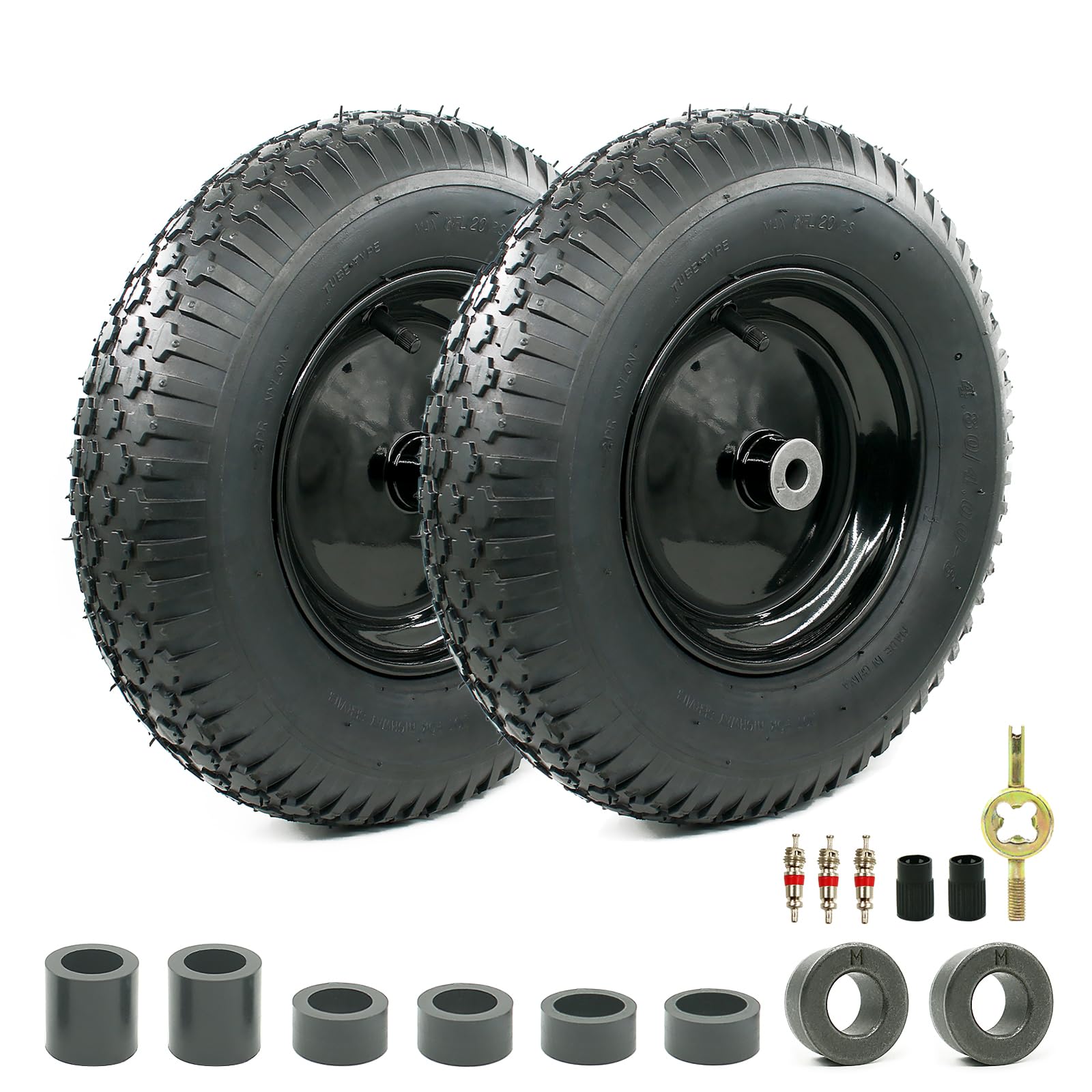 Photo 1 of 2-Pack of 4.80/4.00-8 Pneumatic Tire and Wheel,2PR (Air Filled)- 5/8"or 3/4" Powdered Metal bushings and 3"or 6"Center Hub,for Wheelbarrow,Garden and Utility Cart,Trolley,Wagon and More (MYTT4008-2)