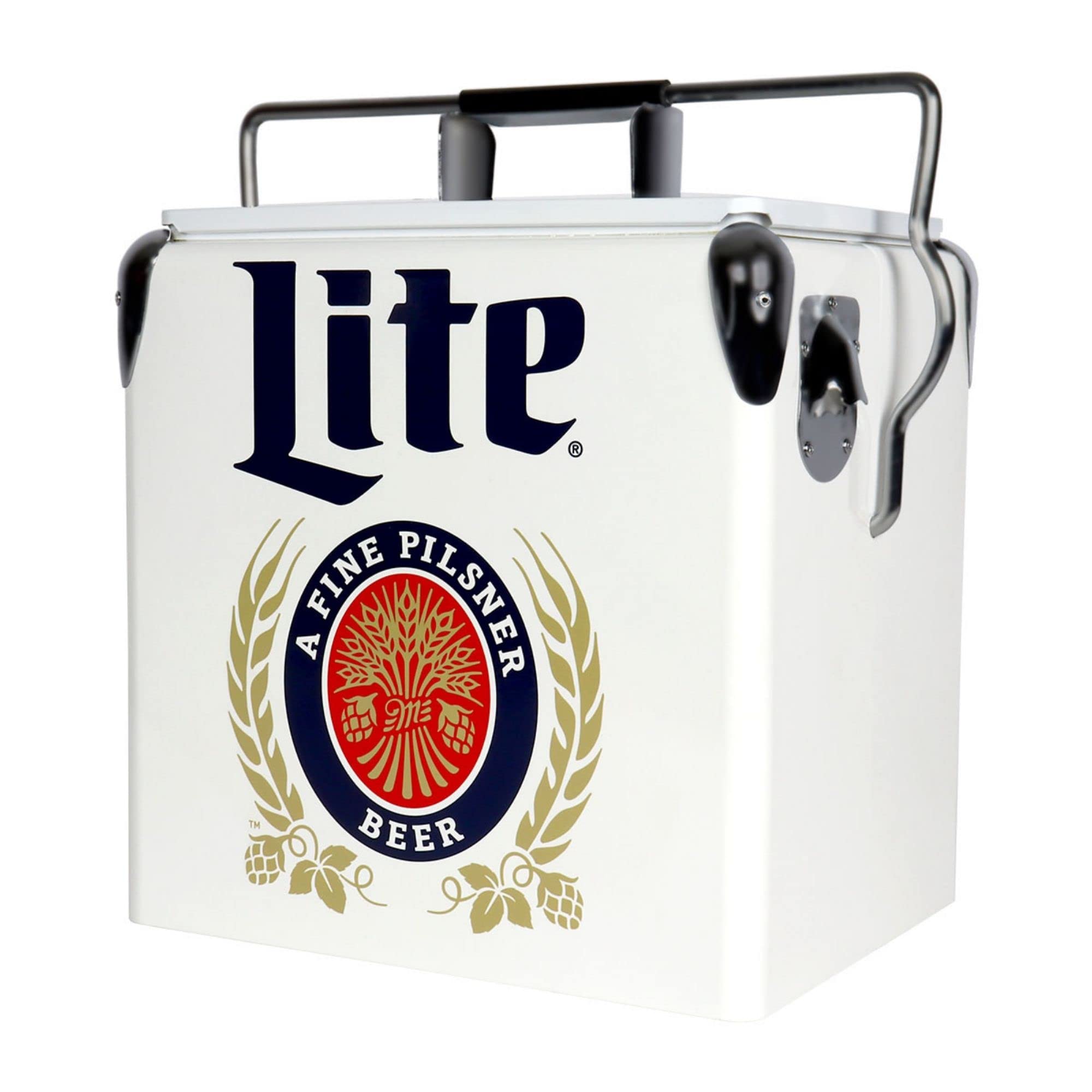 Miller lite Retro Ice Chest Cooler with Bottle Opener 13 L /14 Quart, Red and Silver, Vintage Style Ice Bucket for Camping, Beach, Picnic, RV, BBQs, Tailgating, Fishing