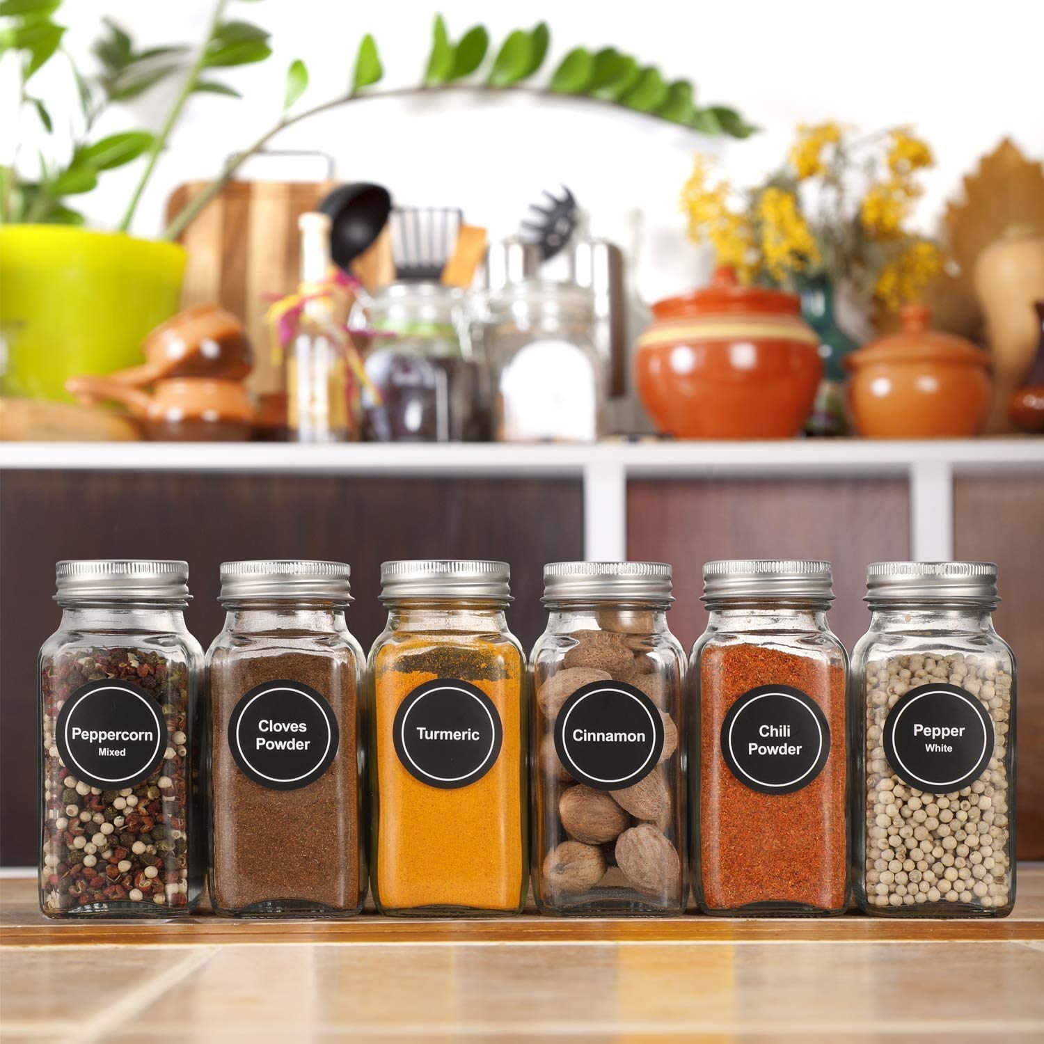 Aozita 4 oz Glass Spice Jars Bottles Empty Square Spice Containers with 810 Spice Labels, Shaker Lids, Airtight Metal Caps with Silicone Collapsible Funnels