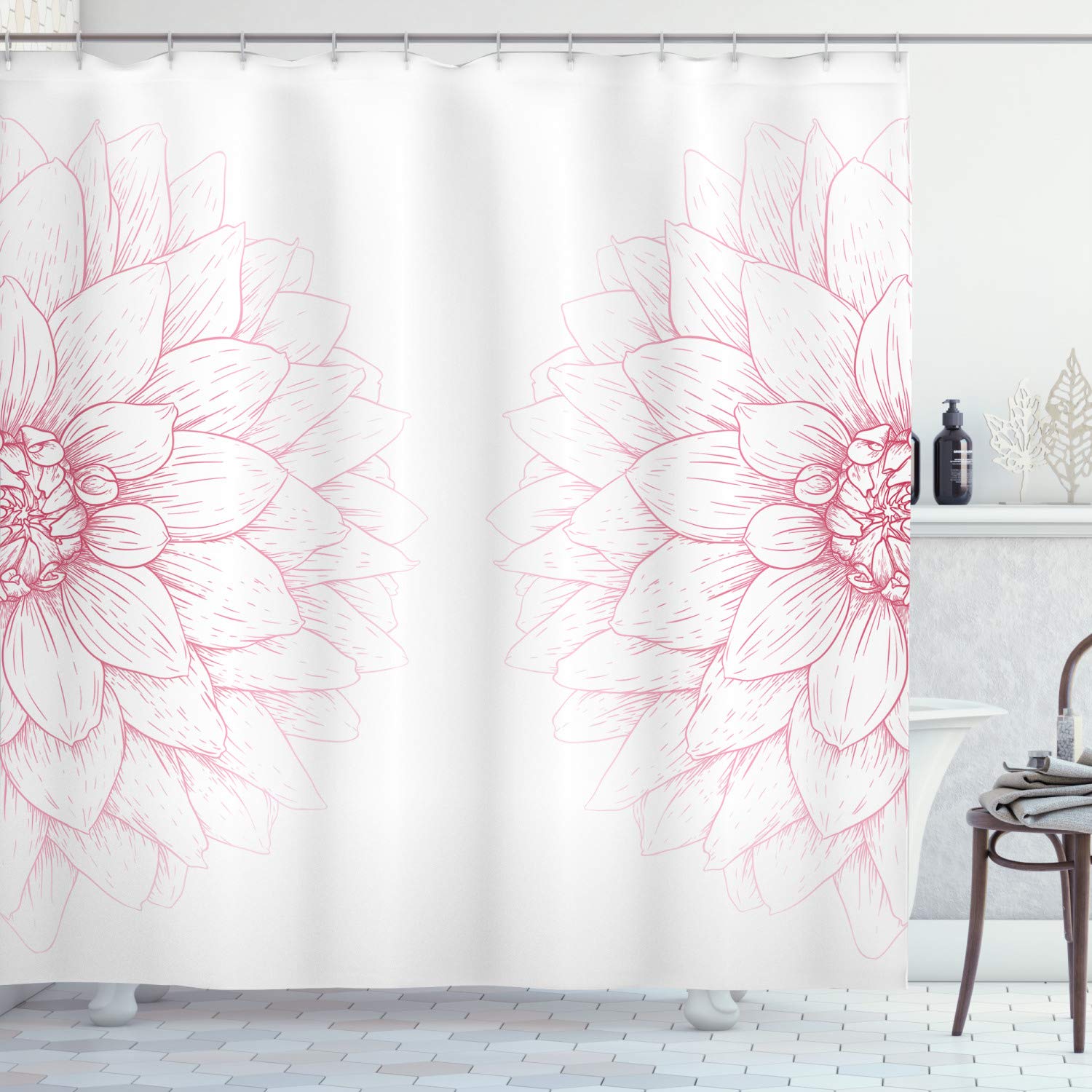 ABAKUHAUS Dahlia Flower Shower Curtain, Simplistic Drawing of a Bushy Sunflower Daisy Like Big Petals Image Modern Romantic Spring Art Print, Fabric Bathroom Set with Hooks, 70" Inches, White Pink