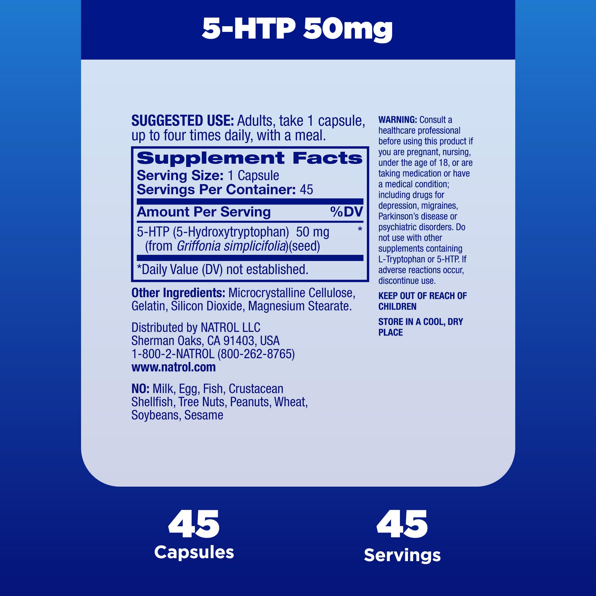 Natrol Mood & Stress 5-HTP 50mg, Dietary Supplement Helps Support a Balanced Mood, 45 Capsules, 11-45 Day Supply