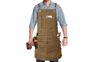 Yxiang Khaki Handmade Work Apron,Cotton Canvas,11 Multiple Pockets,Adjustable Cross Back Weight Apron,BBQ,Cafe,Kitchen,Painting,Carpenter,Artist Apron,Aprons for Men,Women,Sizes M to XXL