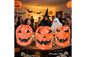 JXITON 3PCS Halloween LED Light Drawstring Candy Backpack Light up Multipurpose Halloween Trick or Treat Candy backpack with Pumpkin Smile Face Reusable Orange Goodie backpack for Kids