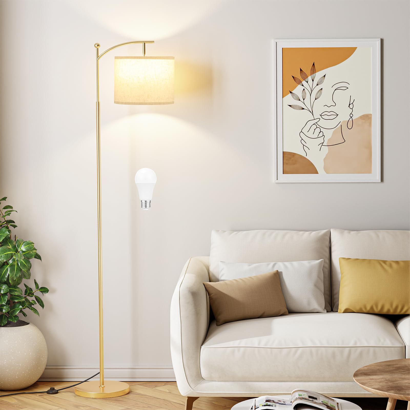 60" Floor Lamp With 3 Color Temperatures, Adjustable Beige Shade, Gold Pole - Tall Lamp for Living Room, Bedroom, Office, Classroom, Dorm - 9W Bulb Included Image