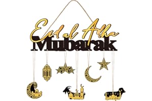 Leinuosen Wood Eid Al Adha Decoration Mubarak Wooden Pendant Ornament Moon Star Decorative Hanging Ornaments Ramadan Kareem Decoration Hanging Plaque Sign for Home Wall Party Decor