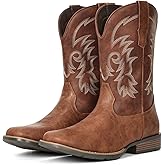 IUV Cowboy Boots for Men Square Toe Western Classic Embroidery Boots