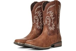 IUV Cowboy Boots for Men Square Toe Pull-On Western Boots with Classic Embroidery, Slip & Oil Resistant Outsole, Durable Heel