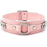 EverGlimp Women's Punk Black O-Ring Leather Choker Necklace, Adjustable PU Leather Leash Collar With Rhinestone Letterrs Gothic Jewelry for Women