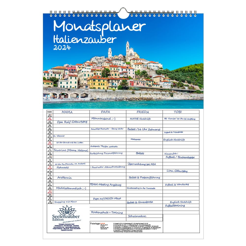 Italian Magic Wall Planner Family Planner 4 Column Planner A3 Calendar for 2024 Rome Holiday Beach Sea Mediterranean Italy - Seelenzauber