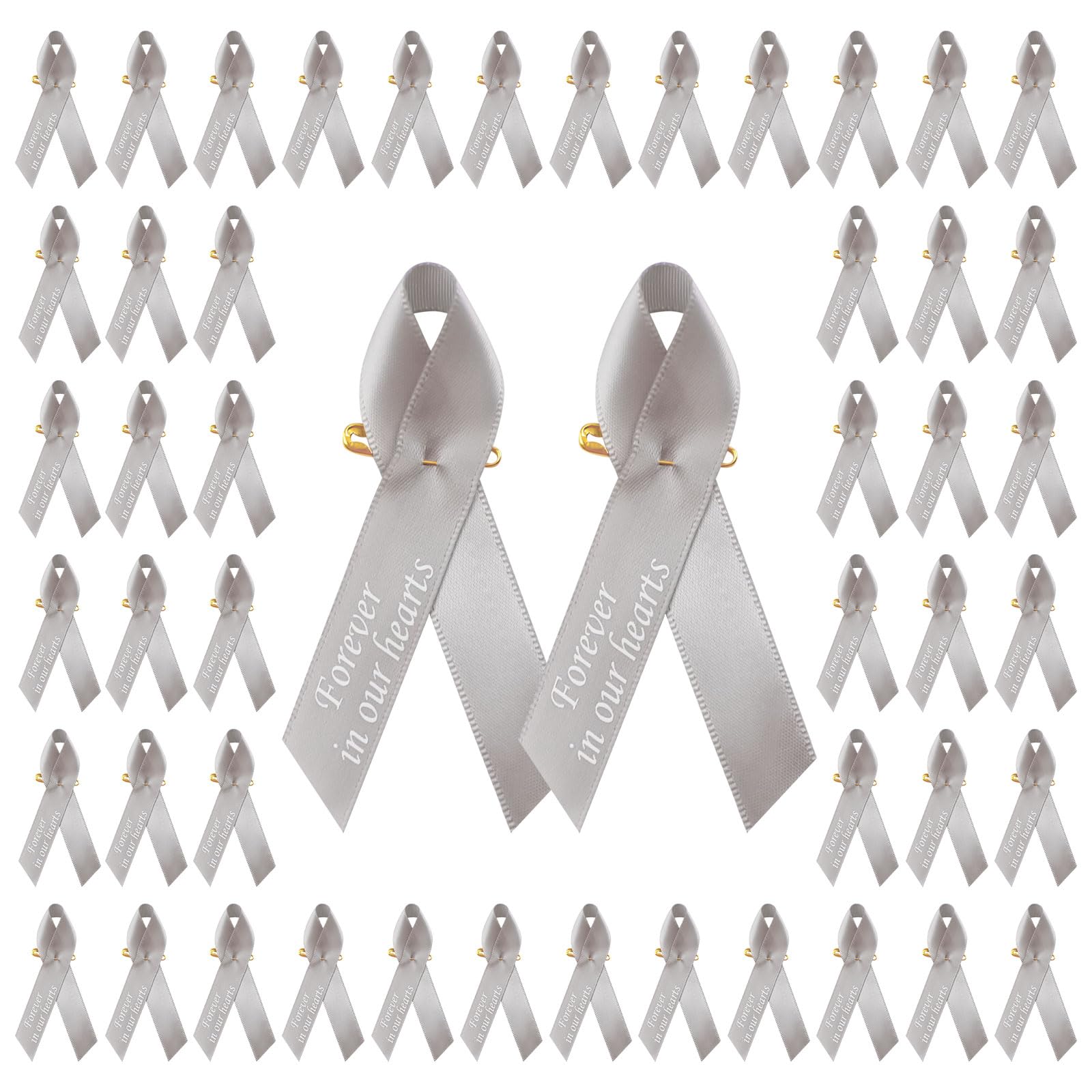CRAFFANCY WANDIC 100pcs Grey Ribbon Pins Parkinson Awareness Badges Brain Tumor Brooch Memorial Ribbon Badges in Forever in Our Hearts for Funeral Mourning Event Bereavement Remembrance