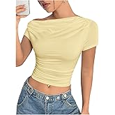 WDIRARA Women's One Shoulder Short Sleeve Tee Shirts Asymmetrical Ruched Crop Tops