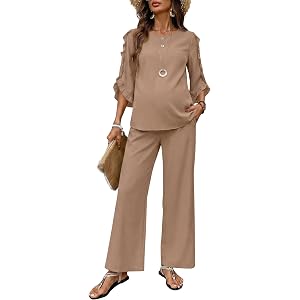 BLENCOT Women's Maternity 3/4 Ruffle Sleeve Two Piece Lounge Set Business Casual Pregnancy Office Outfits with Pockets