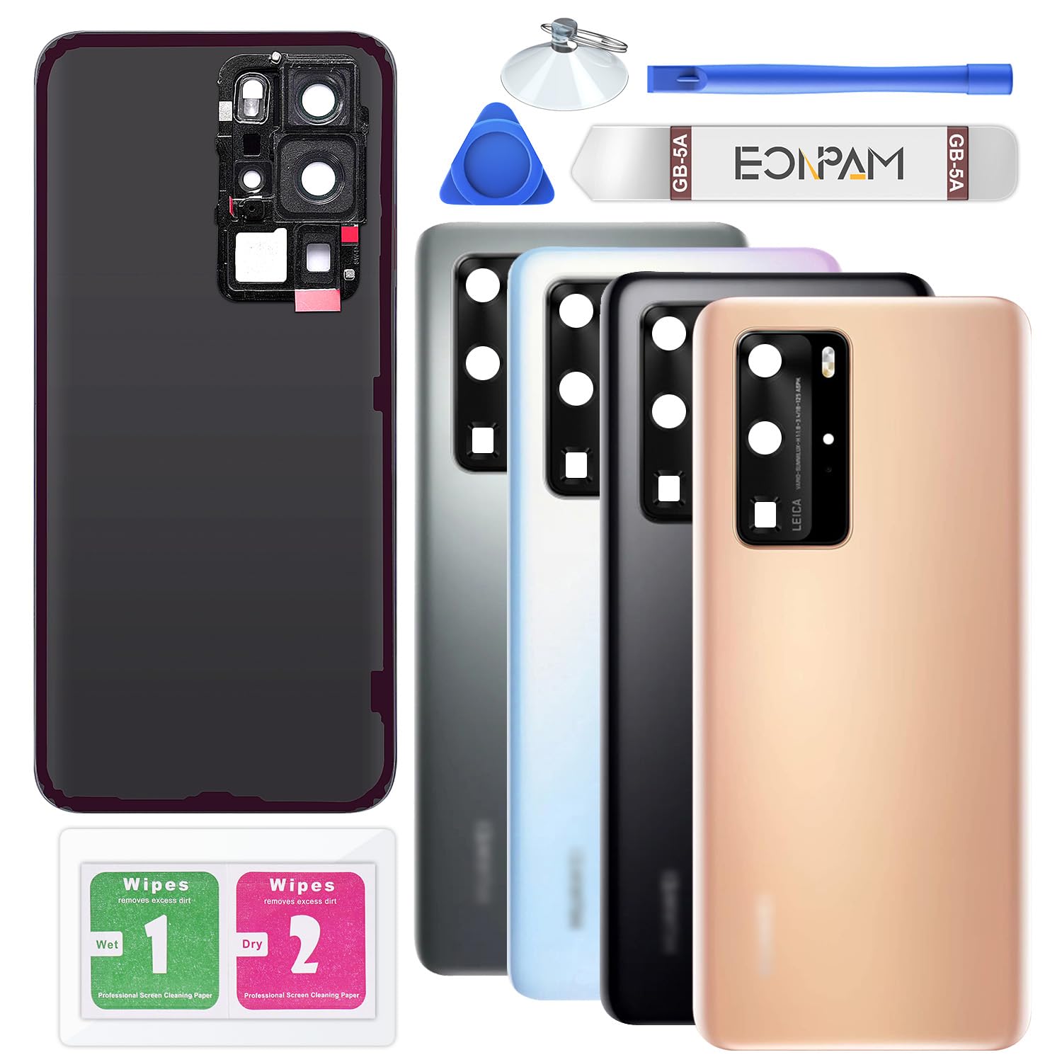 Eonpam Back Cover Glass for Huawei P40 Pro Rear Glass Replacement with Camera Lens + Repair Kit Genuine Rear Housing（Gold）