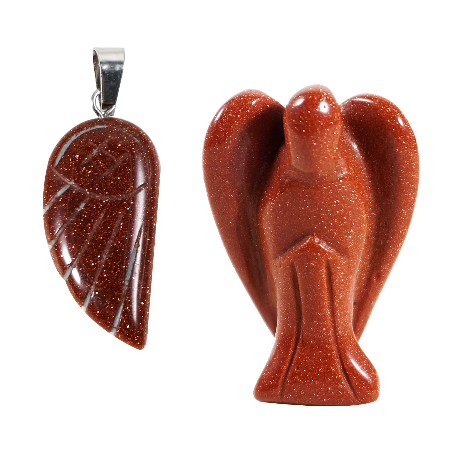 soulnioi 1.5" Natural Healing Crystal Gem Statue Guardian Angel Figurine for Home Room Decoration Ornament (Gold Sand), and 1pc Angel Wings Crystal Carved Necklace Pendant (30 * 15mm)